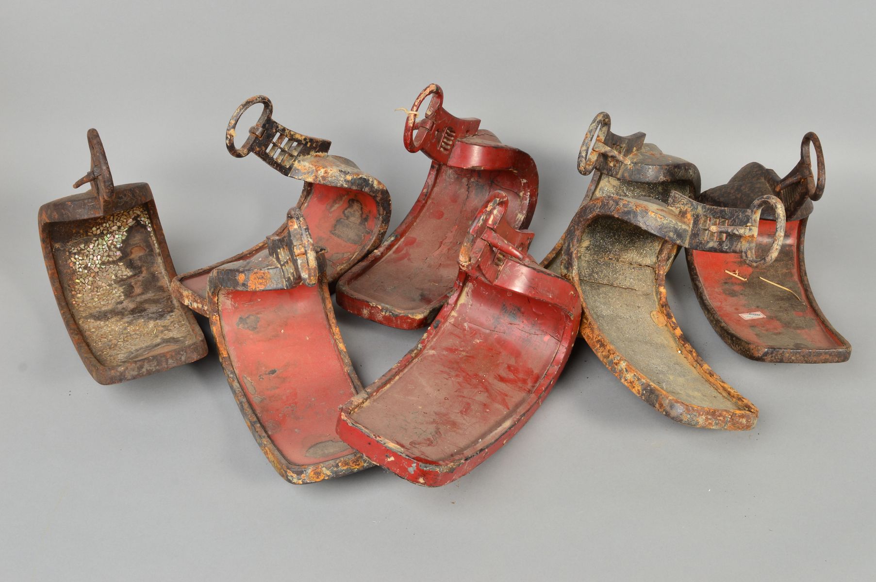 THREE PAIRS OF METAL AND RED LACQUERED ASIAN STIRRUPS, together with two other Persian stirrups - Image 9 of 12