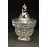 A GEORGE III CLEAR GLASS CIRCULAR BOWL AND COVER, circa 1780, pointed finial above shallow diamond