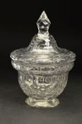 A GEORGE III CLEAR GLASS CIRCULAR BOWL AND COVER, circa 1780, pointed finial above shallow diamond