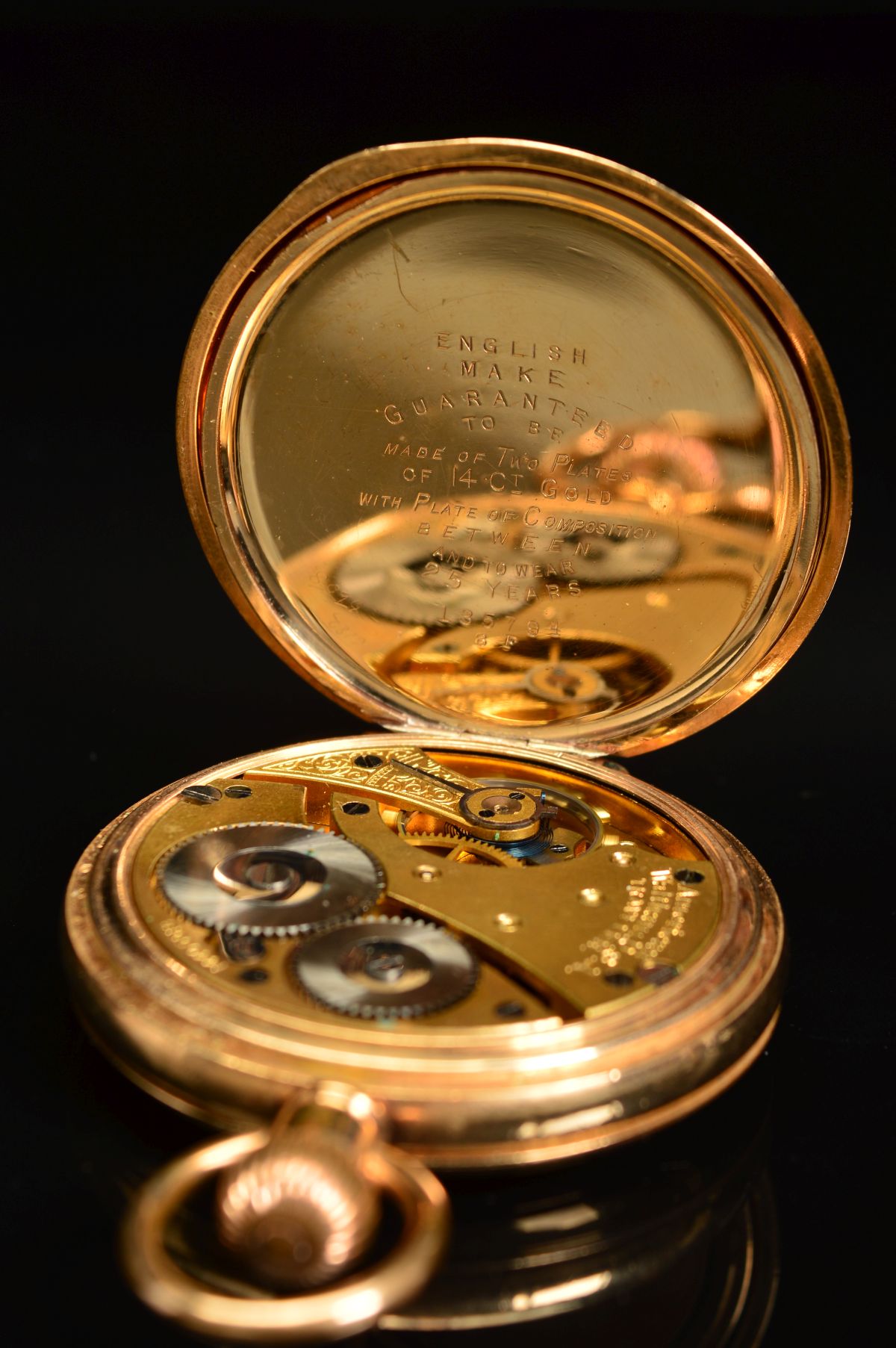 A 14K GOLD PLATED WALTHAM TOP WIND FULL HUNTER POCKET WATCH, engraved monogram to cover, enamel dial - Image 7 of 9