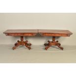 A PAIR OF REGENCY MAHOGANY RECTANGULAR DINING TABLE ENDS, rounded corners to the front above a