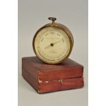 A VICTORIAN NEGRETTI & ZAMBRA BRASS CASED BAROMETER, with semi circular thermometer, the dial