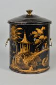 A FIRST HALF 20TH CENTURY CHINOISERIE TOLEWARE COAL BOX AND COVER, of cylindrical form, fitted