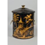 A FIRST HALF 20TH CENTURY CHINOISERIE TOLEWARE COAL BOX AND COVER, of cylindrical form, fitted