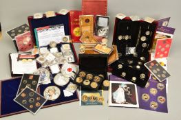 A BOX OF COINS AND COMMEMORATIVES, to include gold layered Queen Elizabeth coin collections by