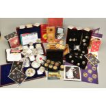 A BOX OF COINS AND COMMEMORATIVES, to include gold layered Queen Elizabeth coin collections by