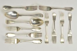 A PARCEL OF SILVER FIDDLE PATTERN FLATWARE, comprising a pair of George III tablespoons, engraved