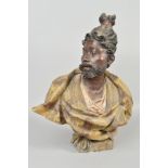 AN EARLY 20TH CENTURY COLD PAINTED TERRACOTTA GOLDSCHEIDER BUST OF A MALE TURK, his hair tied in a
