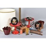 A BOX OF TREEN, LACQUER, A HORN BEAKER, etc, including a pair of red lacquered comports, a pair of