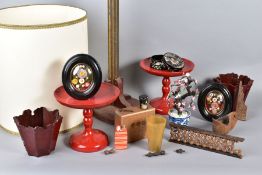 A BOX OF TREEN, LACQUER, A HORN BEAKER, etc, including a pair of red lacquered comports, a pair of