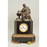 A LATE 19TH CENTURY BLACK SLATE MANTEL CLOCK, with bronze surmount in the form of a late 18th