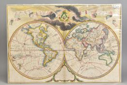 MAPPEMONDE, AFTER GUILLAUME DELISLE AND PHILIPPE BUACHE, circa 1800, later coloured and mounted onto