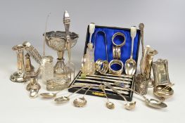A PARCEL OF SILVER, PLATE AND WHITE METAL, including a pair of George III cast silver sugar tongs,