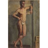 STUDIO OF MICHAEL GILBERY, a full length study of a semi-nude man, oil on canvas, unsigned,