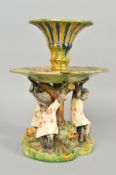 A LATE 19TH CENTURY JOSE A. CUNHA MAJOLICA CENTREPIECE, the trumpet shaped central vase above a