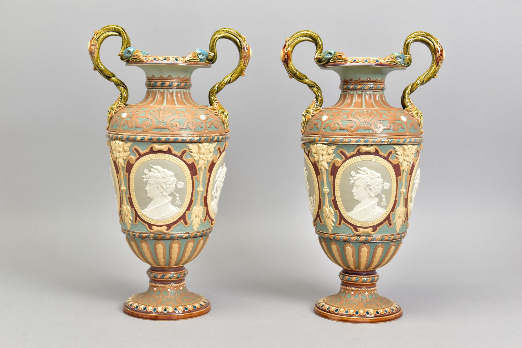 A PAIR OF LATE 19TH CENTURY VILLEROY & BOCH METTLACH TWIN HANDLED