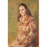 MICHAEL GILBERY (BRITISH 1913-2000), a portrait of a seated female figure wearing a fur coat, oil on