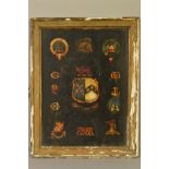 A LATE 18TH/EARLY 19TH CENTURY PAINTED PANEL, POSSIBLY FROM A CARRIAGE, bearing coats of arms,