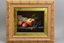 BRIAN DAVIES (BRITISH 1942-2014), a still life study of fruit comprising a peach, plums and