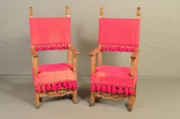 A PAIR OF LATE 19TH CENTURY CONTINENTAL THRONE STYLE ARMCHAIRS, the back with partially gilded