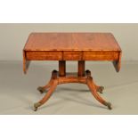 AN EARLY 19TH CENTURY ROSEWOOD CROSS BANDED AND INLAID SOFA TABLE, fitted with dummy drawer and