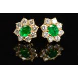 A PAIR OF LATE 20TH CENTURY EMERALD AND DIAMOND STUD EARRINGS, post and scroll fittings, emeralds