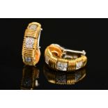 A PAIR OF 18CT GOLD DIAMOND SET HALF HOOP CLIP EARRINGS, the yellow gold half hoops of horizontal