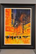 PETER J. RODGERS (BRITISH CONTEMPORARY), 'Broadway Lights, New York', a rainy evening cityscape,