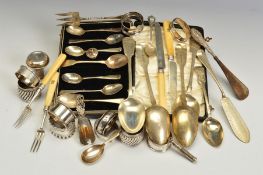 A PARCEL OF SILVER AND WHITE METAL, to include two pairs of Victorian Fiddle pattern tablespoons,
