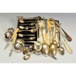 A PARCEL OF SILVER AND WHITE METAL, to include two pairs of Victorian Fiddle pattern tablespoons,