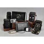 A TRAY OF VINTAGE CAMERA EQUIPMENT, including a Contessa Nettel Ador folding camera fitted with