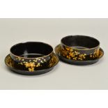 TWO PAIRS OF EARLY 19TH CENTURY PAPIER MACHE WINE COASTERS, one pair decorated in gilt with floral