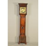 AN 18TH CENTURY WALNUT, PAINTED AND STAINED LONGCASE CLOCK, caddy top with moulded doric columns