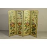 A 19TH CENTURY PAINTED CANVAS FOUR FOLD SCREEN, the top of serpentine form, metal studded along