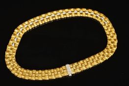 A MODERN 18CT GOLD ROBERTO COIN DIAMOND COLLAR, a wide flat panel link textured pattern with diamond
