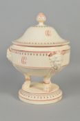 A 19TH CENTURY CONTINENTAL POTTERY CREAM GLAZED TUREEN AND COVER, the domed cover with iron red