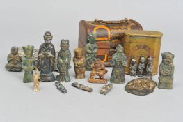 A COLLECTION OF SMALL ORIENTAL BRONZE FIGURES, including six tomb bronzes/pendants, height