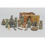 A COLLECTION OF SMALL ORIENTAL BRONZE FIGURES, including six tomb bronzes/pendants, height