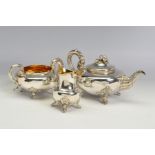 AN EARLY VICTORIAN OLD SHEFFIELD PLATE TEA SERVICE, of flattened circular form, gilt interiors,