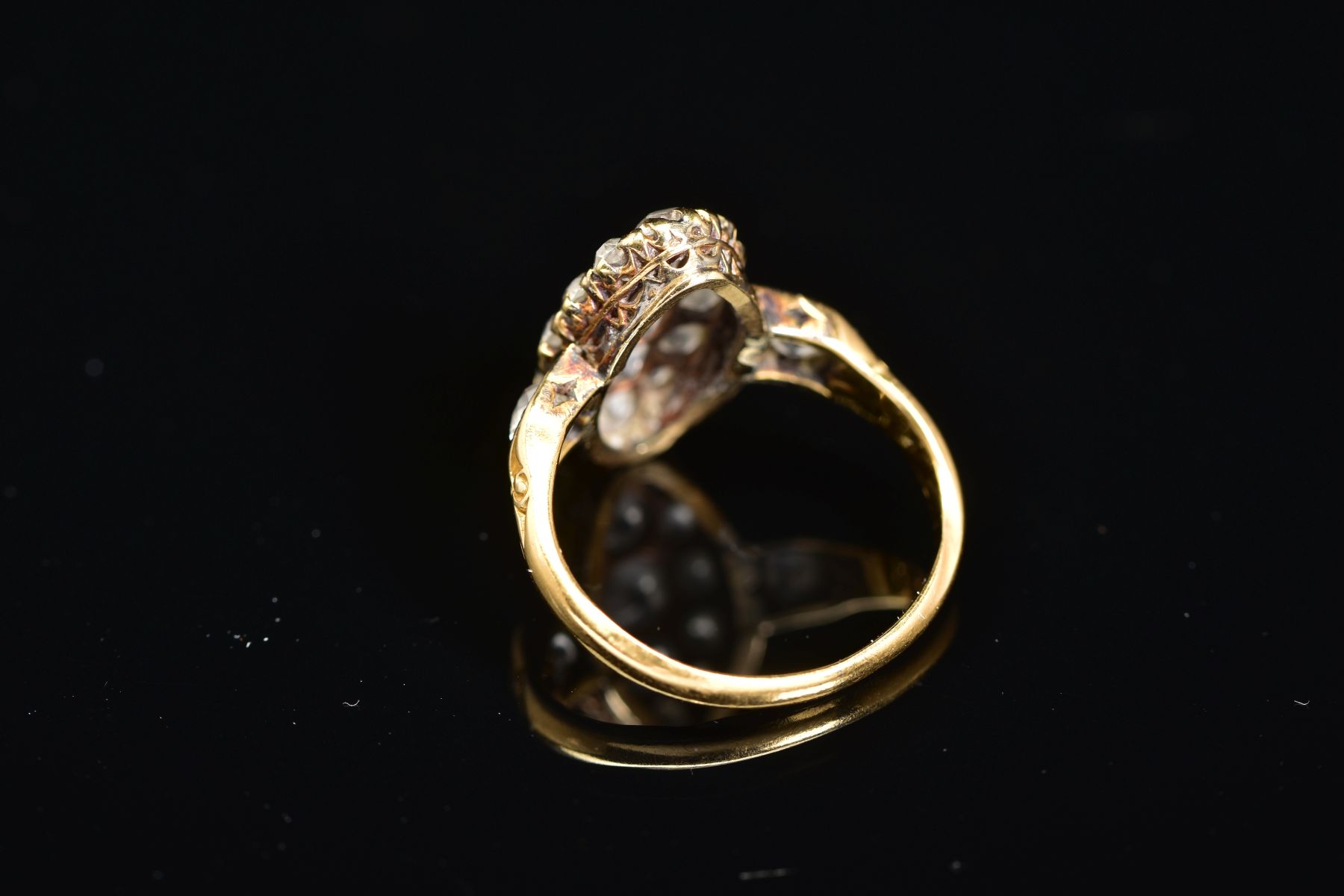 A VICTORIAN GOLD NAVETTE SHAPED DIAMOND CLUSTER RING, estimated old European cut diamond weight 1. - Image 3 of 5