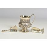A GEORGE IV SILVER CHRISTENING MUG, of baluster form, repousse decorated with flowers, 'S' scroll