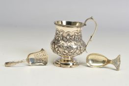 A GEORGE IV SILVER CHRISTENING MUG, of baluster form, repousse decorated with flowers, 'S' scroll