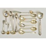 A PARCEL OF SILVER FLATWARE AND CUTLERY, including a George III caddy spoon with leaf shaped bowl,