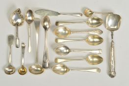 A PARCEL OF SILVER FLATWARE AND CUTLERY, including a George III caddy spoon with leaf shaped bowl,
