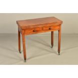 A GEORGE III MAHOGANY RECTANGULAR DOUBLE FOLD OVER TEA/CARD TABLE, fitted with a long drawer, turned