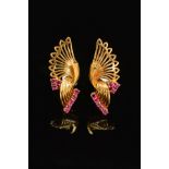 A PAIR OF LATE 20TH CENTURY 18CT GOLD AND RUBY FAN DESIGN CLIP EARRINGS, measuring approximately