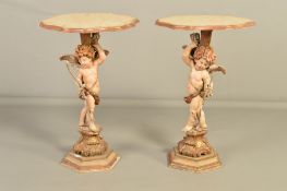 A PAIR OF MID 20TH CENTURY PAINTED WOODEN SIDE TABLES, the wavy circular faux marble top on a