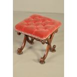 A VICTORIAN ROSEWOOD AND ROSEWOOD STAINED STOOL, the later pink velvet button upholstery over dual X