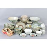 THREE BOXES OF CHINESE POTTERY AND PORCELAIN, the majority bowls with matching geometric decoration,