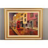 TIMMY MALLET (BRITISH CONTEMPORARY), 'Night Time Phonebox', a townscape of colourful houses and a